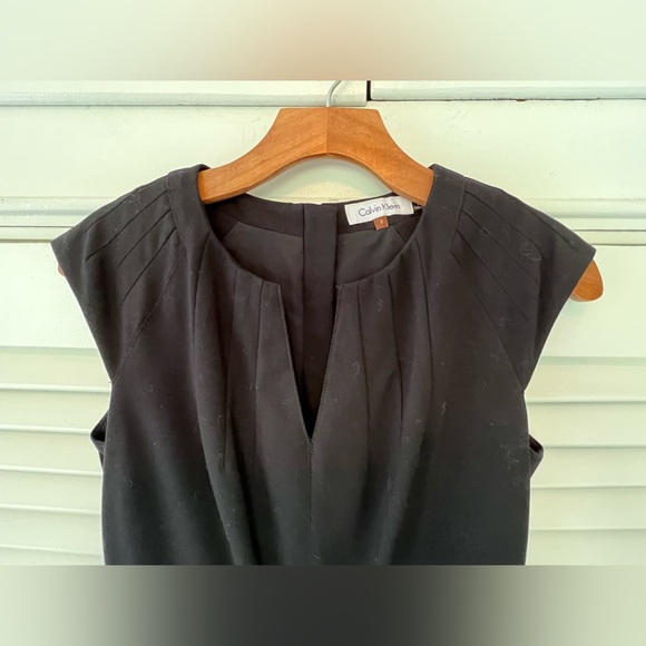 Calvin Klein sheath dress with gold accents and shallow V-neck front. - Picture 2 of 7